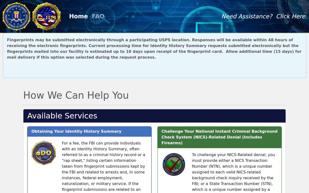 FBI electronic identity history request for a Van Buren County arrest record review