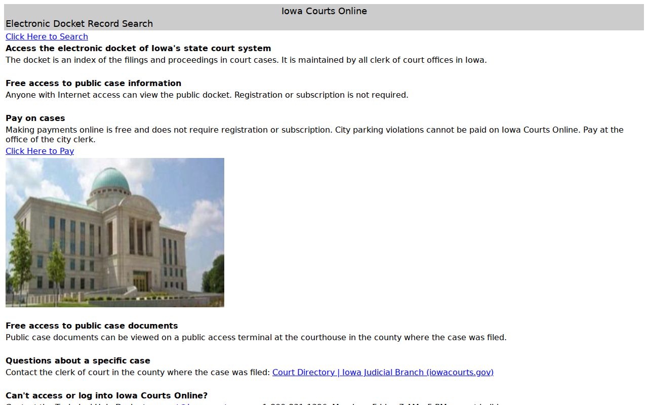 Iowa Courts Online screen for a Van Buren County court case lookup